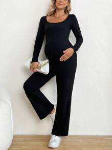 SHEIN 孕婦素色喇叭連身褲 - 黑色 - 查看 2