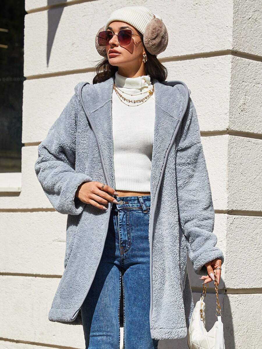 SHEIN Cottnline Drop Shoulder Hooded Teddy Coat - Grey - View 1