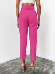 EURMUSE Solid Slant Pocket Belted Suit Pants - Hot Pink - View 5