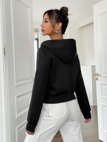 SHEIN Unity Đồ họa chữ và số Dây kéo Áo hoodie ngắn - màu đen - Xem 2