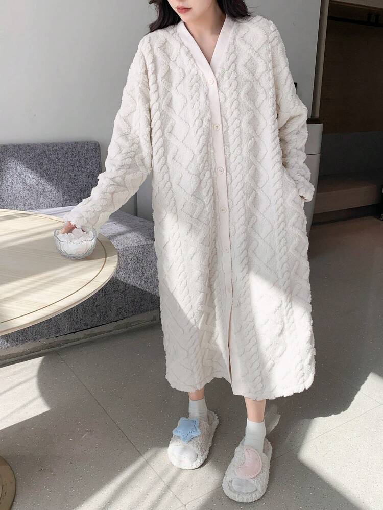 Solid Drop Shoulder Flannel Cozy Robe Fluffy,Thermal Lined Fall,Winter