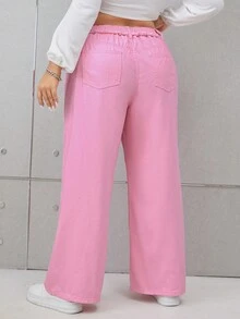 SHEIN EZwear 大碼高腰闊腿牛仔褲 - 淺粉色 - 查看 2