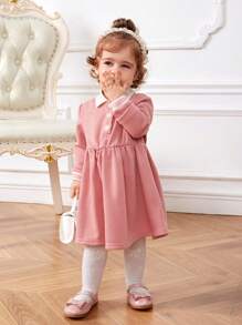 SHEIN Baby Girl Contrast Collar Half Button Smock Dress
