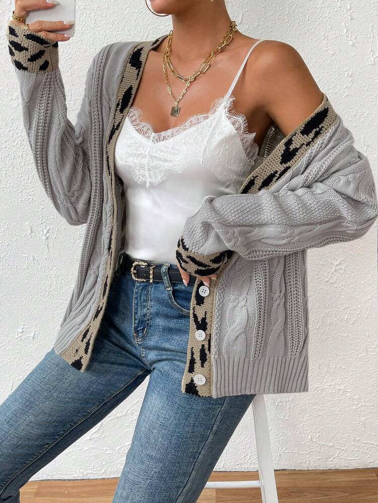 Leopard Pattern Drop Shoulder Cable Knit Cardigan