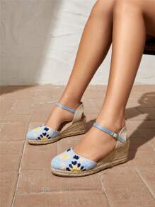 SheIn VCAY 女性時尚拼接顏色坡跟跟涼鞋,合適的適用於全部季節&場合 - 藍色 - 查看 2