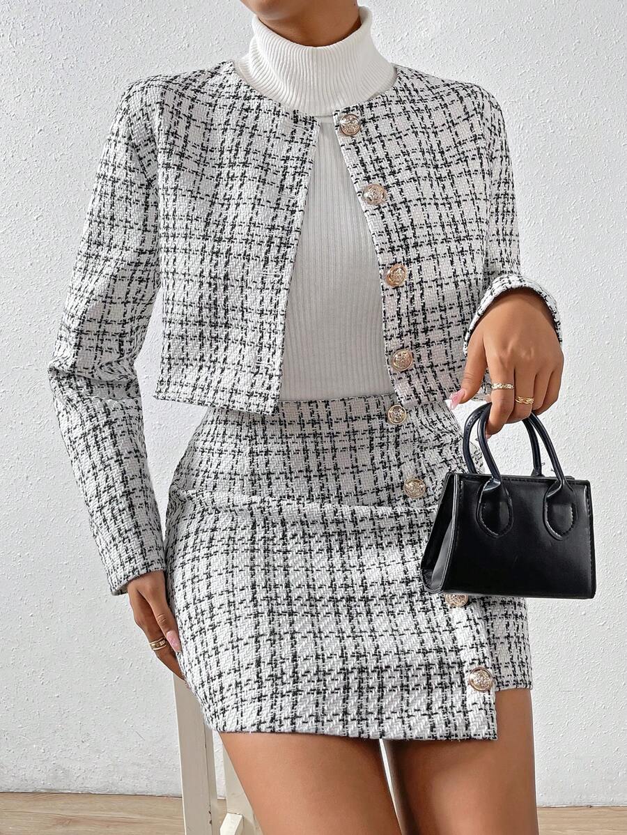 SHEIN Clasi 格紋圖案夾克&前紐扣半身裙