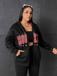 SHEIN EZwear Plus Size Letter Graphic Zip Up Drop Shoulder Sweatshirt - Black - View 3