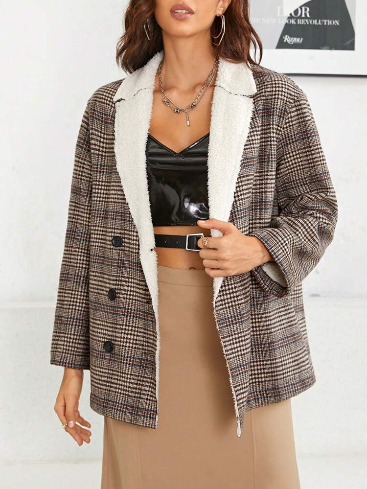 Plaid Print Double Breasted Teddy Lined Coat