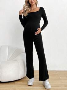 SHEIN 孕婦素色喇叭連身褲 - 黑色 - 查看 1