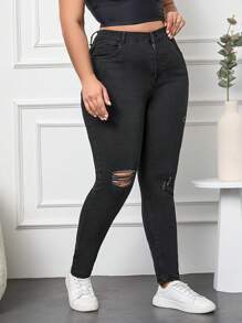 RueChic 大碼高腰破洞緊身牛仔褲 - 深灰色 - 查看 4