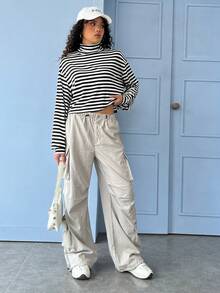 SHEIN EZwear In sọc Cổ giả Áo thun Thả vai - màu đen - Xem 6