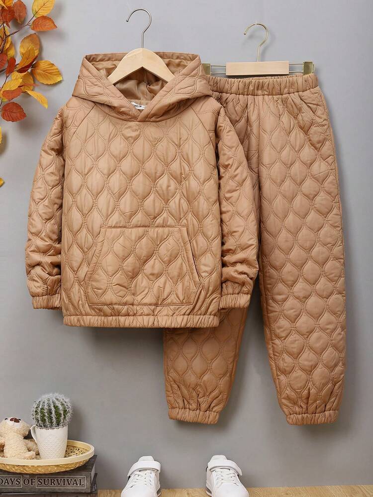 2pcs Tween Boys Solid Color Hooded Fleece Sweatshirt & Pants Set, Thickened