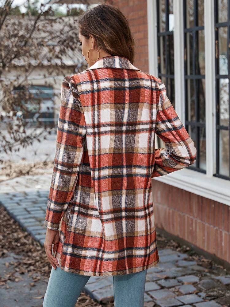 Plaid Print Lapel Neck Overcoat