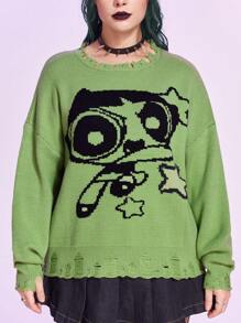 The Powerpuff Girls | ROMWE Plus Cartoon Pattern Distressed Drop Shoulder Sweater - Green - View 2