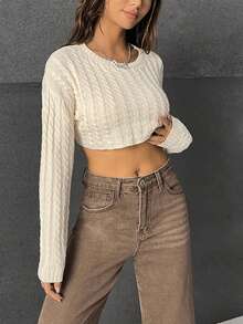 Muchica Cable Knit Drop Shoulder Crop Sweater - Apricot - View 5