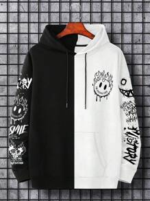 Manfinity EMRG Nam Plus Hai âm Hình ảnh hoạt hình khuôn mặt và chữ cái Dây rút Hoodie - Đen và trắng - Xem 5