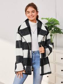 SHEIN 青少年女孩大方格圖案大翻領絨毛外套 - 黑與白 - 查看 1