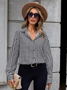 Chiquease Camisa con estampado de pata de gallo de hombros caídos - Blanco y Negro - Ver 1