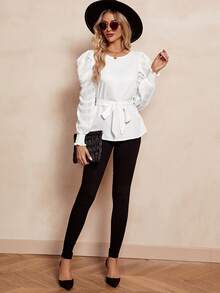 SHEIN Clasi 素色羊腿袖腰帶襯衫 - 白色 - 查看 5