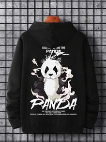 Manfinity Hypemode Men Plus Panda & Slogan Graphic Kangaroo Pocket Drawstring Hoodie - Black - View 1