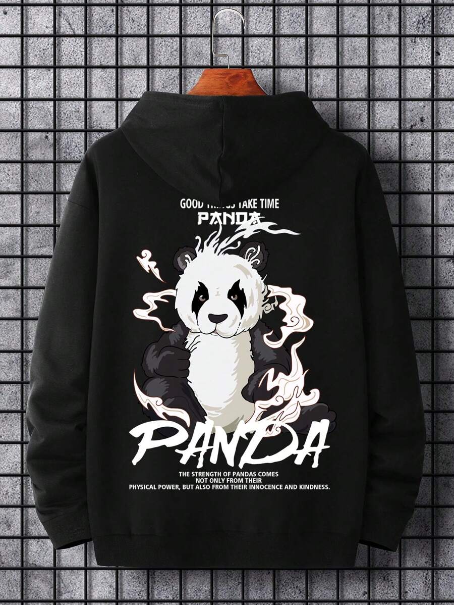 Manfinity Hypemode Men Plus Panda & Slogan Graphic Kangaroo Pocket Drawstring Hoodie - Black - View 1