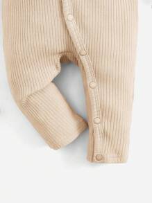 SHEIN Baby Girl Ruffle Trim Button Front Ribbed Knit Jumpsuit - Khaki - View 3