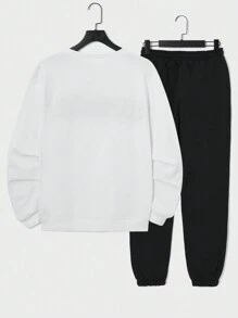 EURMUSE Men Letter Graphic Sweatshirt & Drawstring Waist Sweatpants - Black and White - View 2