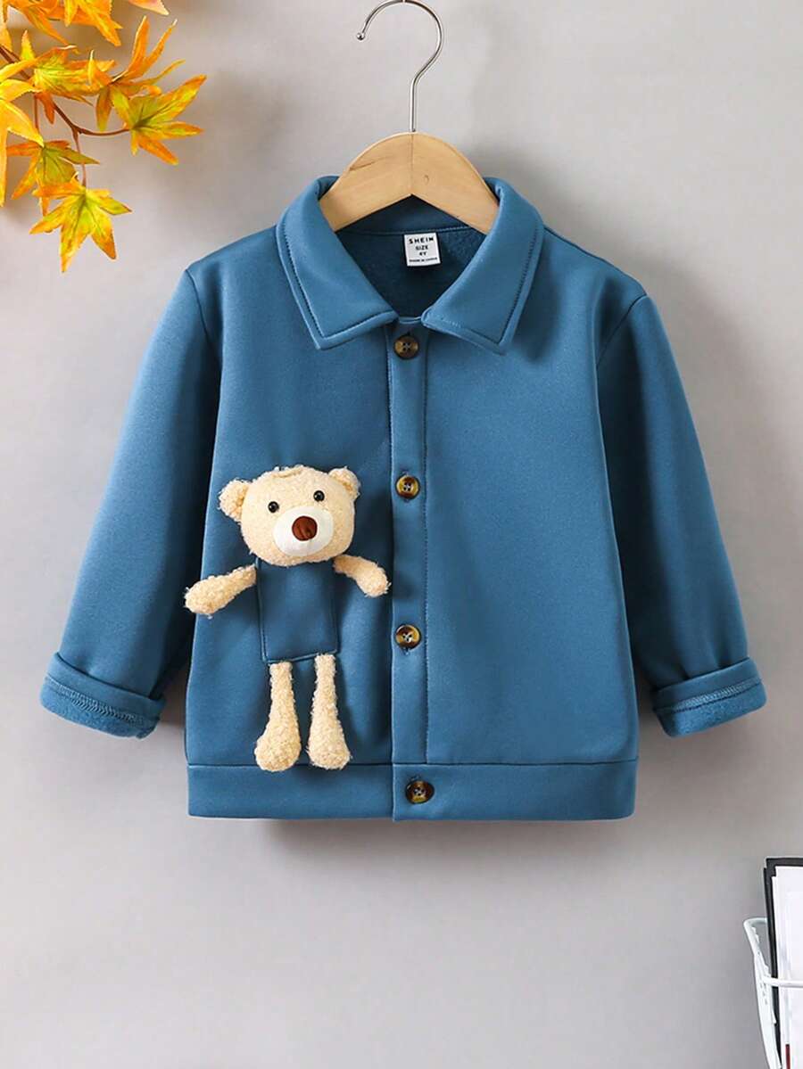 SHEIN 男小童熊玩偶細節前紐扣外套 - 青碧色 - 查看 1
