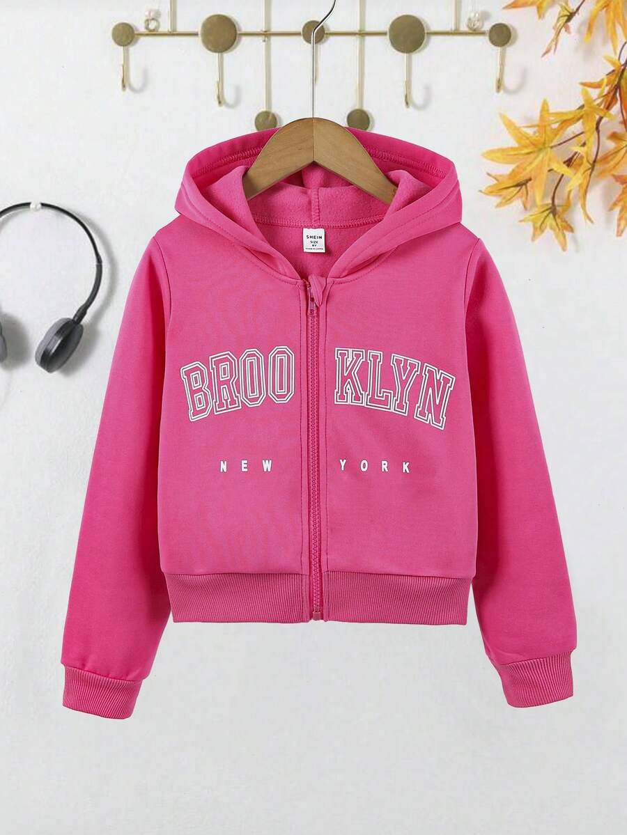 SHEIN 女大童字母圖案拉鏈開襟連帽衛衣 - 玫紅色 - 查看 1