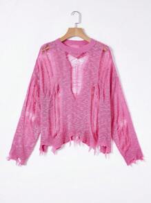 SHEIN ICON Open Stitch Drop Shoulder Sweater Without Bra - Pink - View 1
