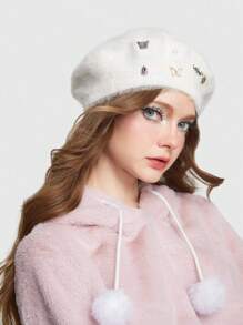 ROMWE Kawaii 1pc Women Rhinestone Flower & Butterfly Decor Beret - White - View 1
