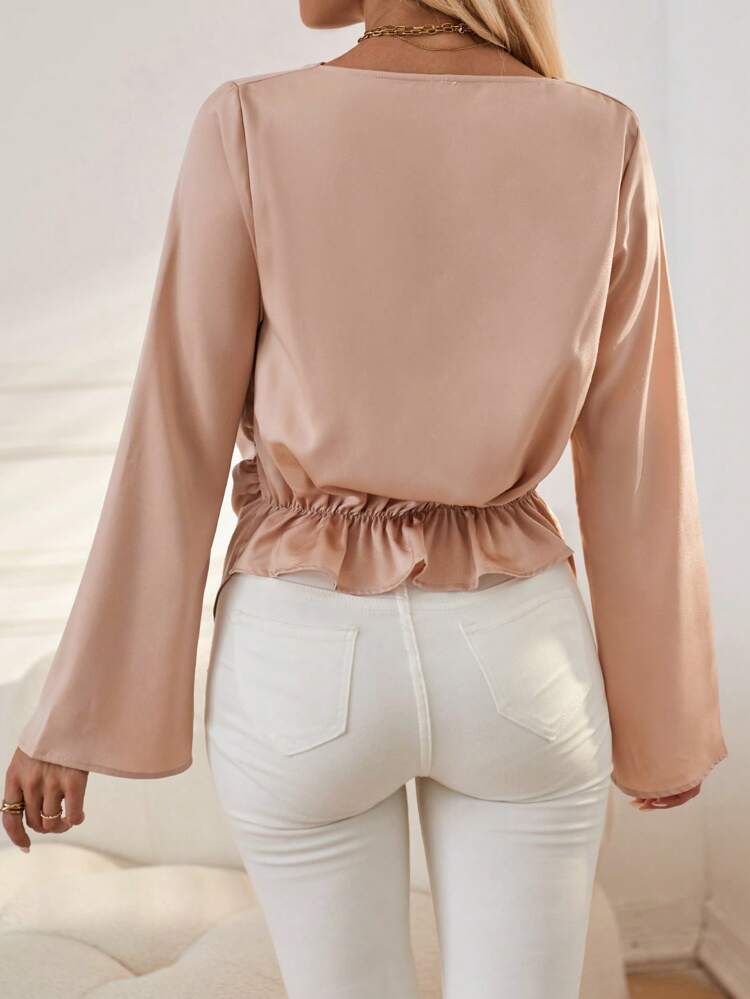Draped Collar Trumpet Sleeve Satin Blouse Fall Cloth For Women