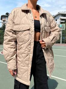 SHEIN Cottnline Flap Pocket Drop Shoulder Quilted Coat - Beige - View 4