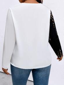 SHEIN Clasi 大碼織帶拼接不對稱下擺缺口領襯衫 - 黑與白 - 查看 2