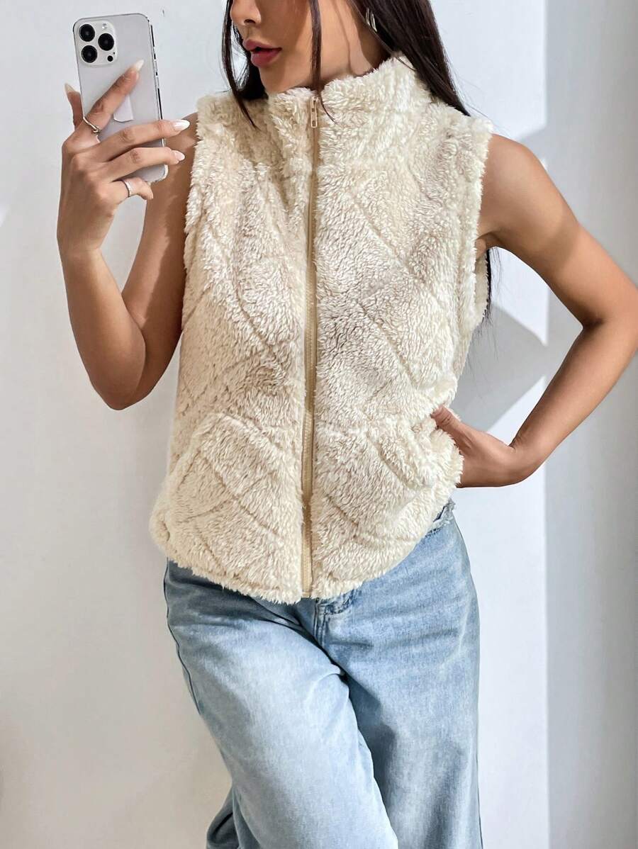 SHEIN EZwear 拉鏈開襟絨毛夾克背心 - 杏色 - 查看 1