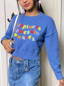 SHEIN EZwear 標語刺繡落肩袖套頭毛衣 - 藍色 - 查看 1
