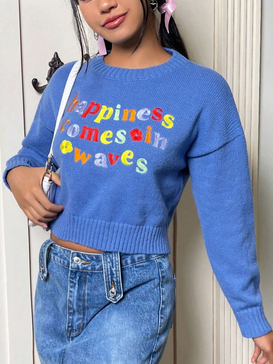 SHEIN EZwear 標語刺繡落肩袖套頭毛衣 - 藍色 - 查看 1