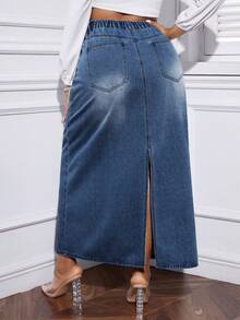 SHEIN EZwear Plus High Waist Slant Pocket Denim Skirt - Dark Wash - View 2