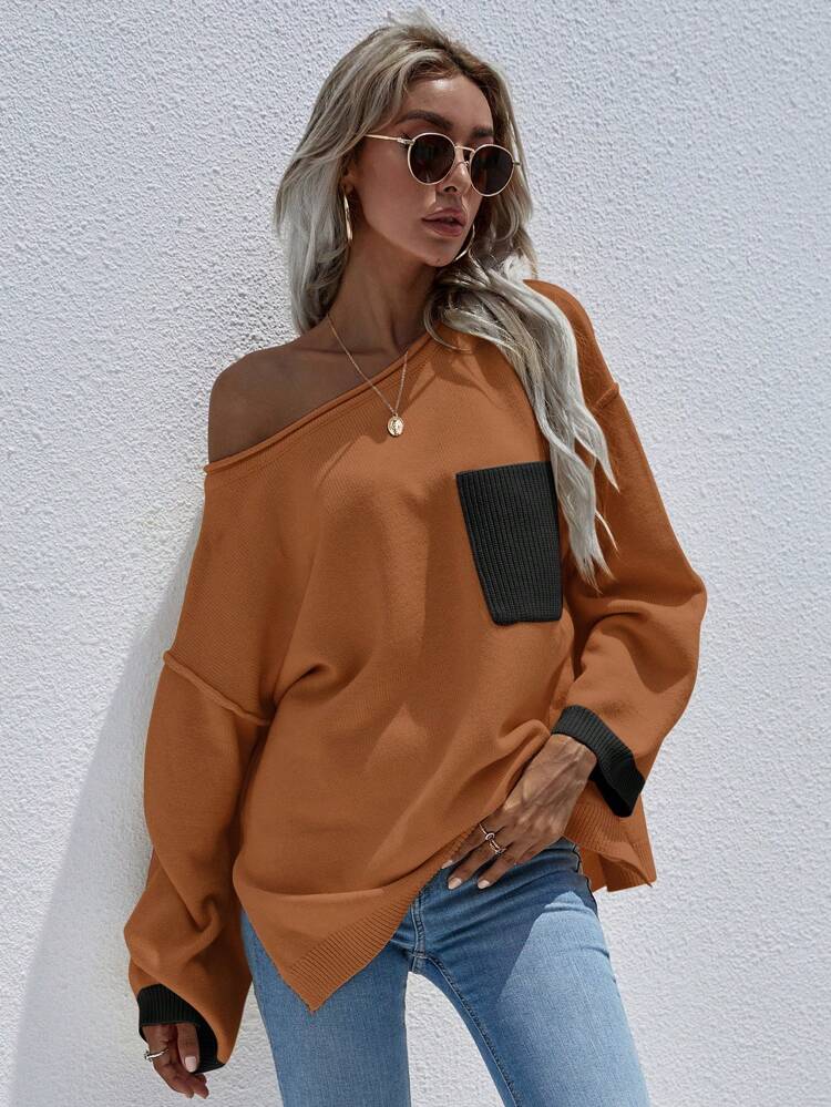 Contrast Panel Pocket Patched Split Hem Drop Shoulder Knit Pullover Fall Winter Sweater