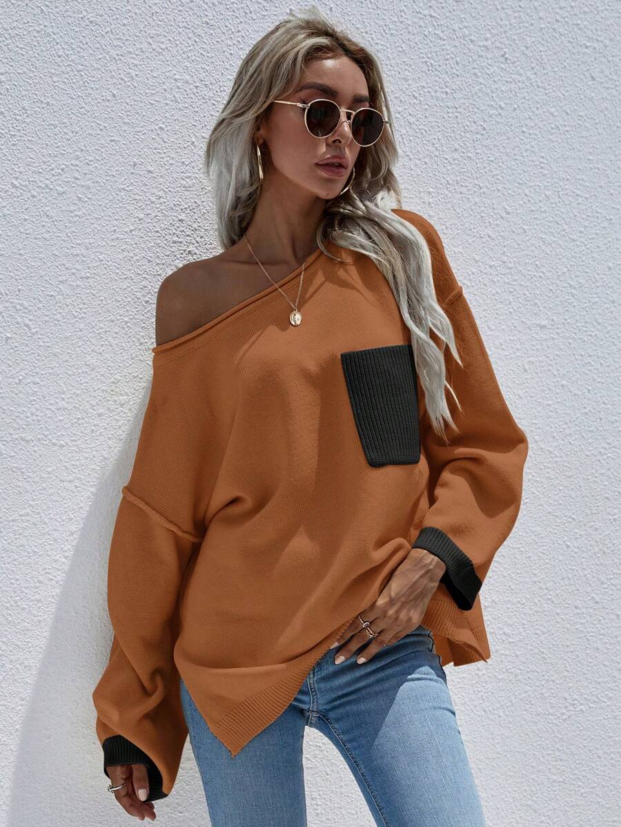 SHEIN Unity 撞色拼接口袋贴片开衩下摆落肩针织套头衫秋冬毛衣 - 棕色 - 查看 1