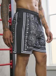Manfinity Sport Corelite Men Paisley Print Drawstring Waist Sports Shorts - Black - View 4