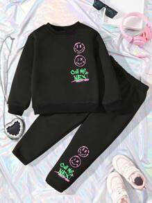 SHEIN 女小童卡通圖案加絨內裏衛衣和衛褲