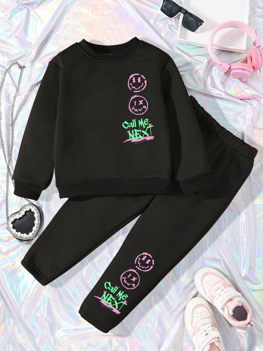 SHEIN 女小童卡通圖案加絨內裏衛衣和衛褲