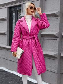 SHEIN LUNE Winter Clothes Casual Solid Color Diamond Pattern PU Leather Long Sleeve Padded Padded Coat - Hot Pink - View 4