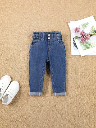 Jeans informales de mezclilla lavada con cintura de bolsa de papel y pierna cónica para niña pequeña