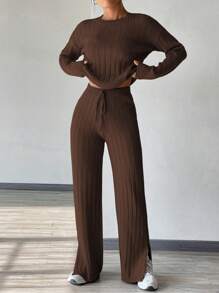 Flirla Solid Sweater & Drawstring Waist Knit Pants