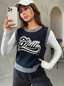SHEIN EZwear Letter Pattern Contrast Trim Sweater Vest Without Tee - Multicolor - View 4