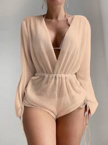 Swim Vcay Summer Beach Hollow Out Drawstring Side Cover Up - Apricot - View 1