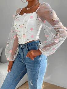 SHEIN Unity Top cu tiv curbat cu mânecă lanternă cu broderie florală
