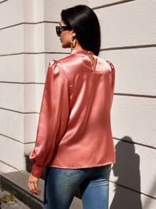 RueChic Keyhole Neckline Lantern Sleeve Satin Blouse - Coral Pink - View 2